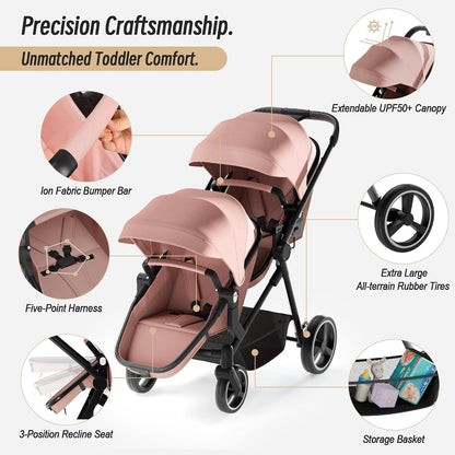 Double Stroller for Twins and Toddlers, Lightweight Aluminum Foldable Twin Stroller with Adjustable Backrest, Reversible Seat, 5-Point Harness, Storage Basket, Grey