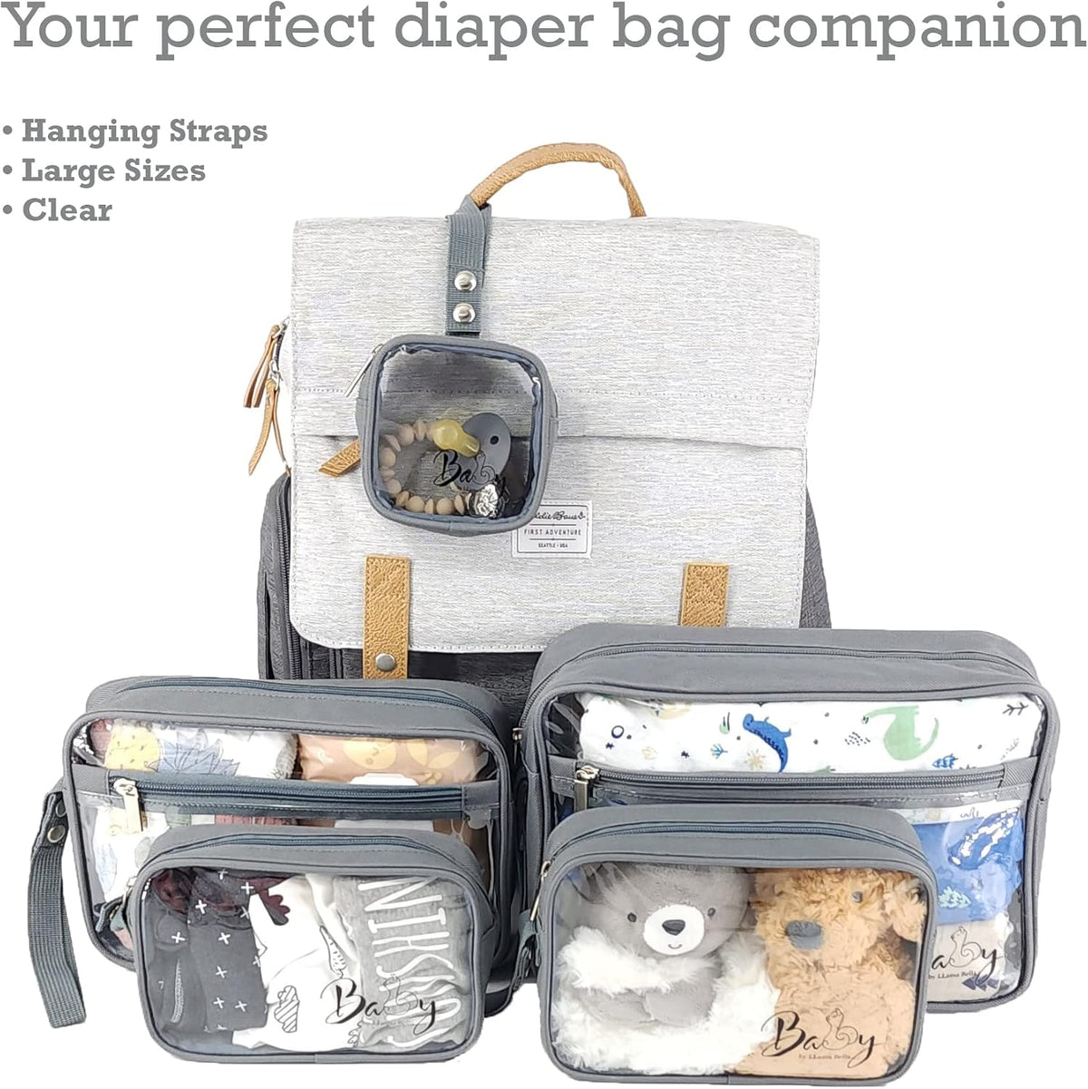 5 Piece Diaper Bag Organizer Pouch Set, Clear with Straps and Pacifier Case