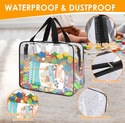 6 Packs Clear Toy Storage Bags, Large Transparent PVC Toy Organizing Bags with Zipper, Reusable Waterproof and Dust-Proof Toy Organizer Pouch for Building Blocks, Puzzles, Small Toys, and Kids Books