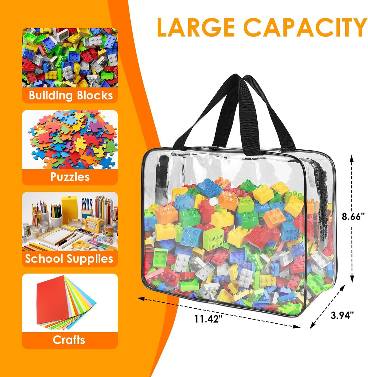6 Packs Clear Toy Storage Bags, Large Transparent PVC Toy Organizing Bags with Zipper, Reusable Waterproof and Dust-Proof Toy Organizer Pouch for Building Blocks, Puzzles, Small Toys, and Kids Books