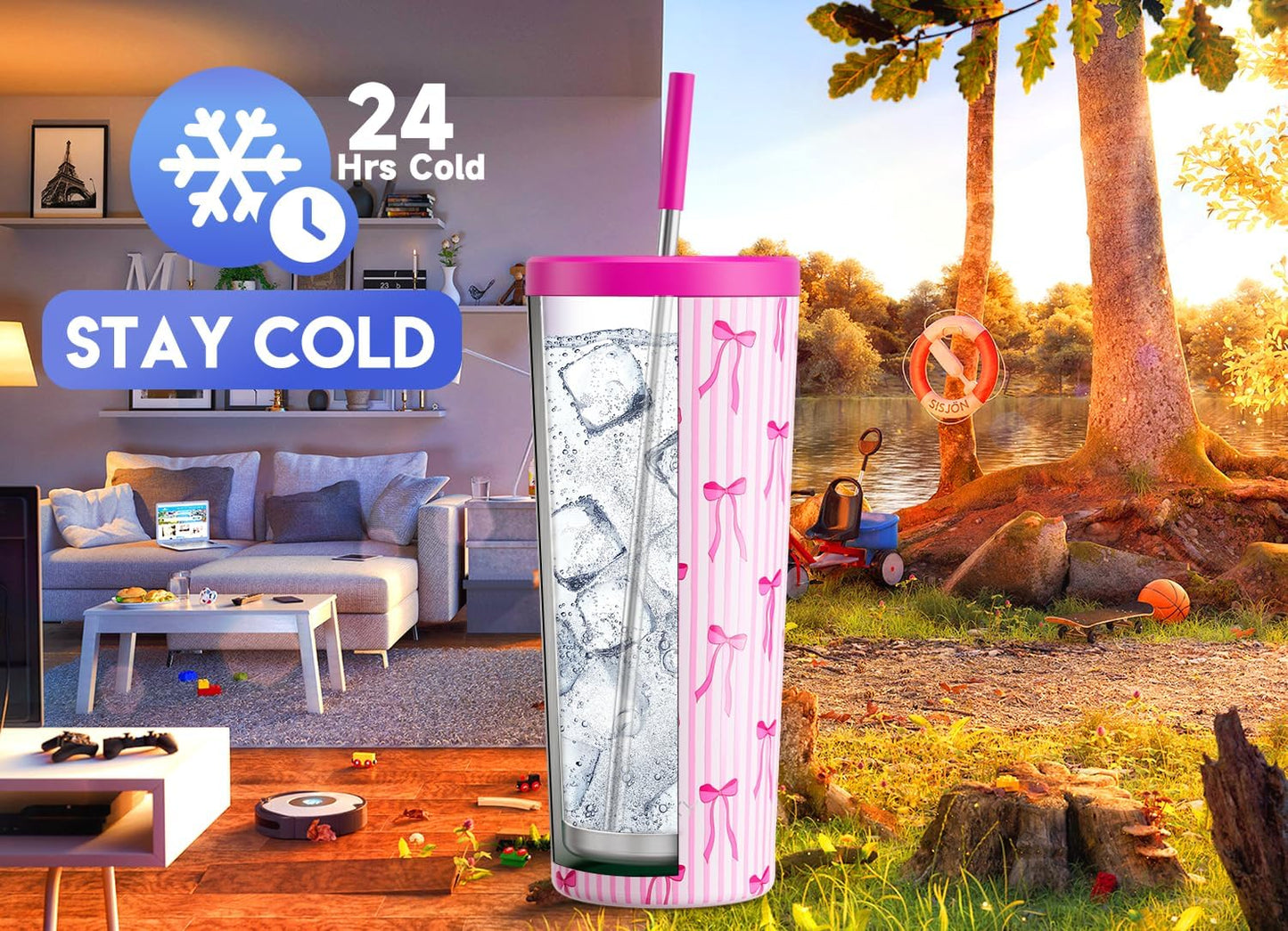 24 oz Insulated Tumbler with Lid and Straw, Stainless Steel Vacuum Insulated Tumbler, Keeps Cold for 24 Hours, 100% Leak Proof, Fits in Car Cup Holder (Swirl)