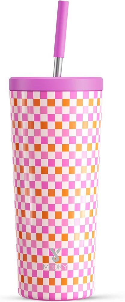 24 oz Insulated Tumbler with Lid and Straw, Stainless Steel Vacuum Insulated Tumbler, Keeps Cold for 24 Hours, 100% Leak Proof, Fits in Car Cup Holder (Swirl)