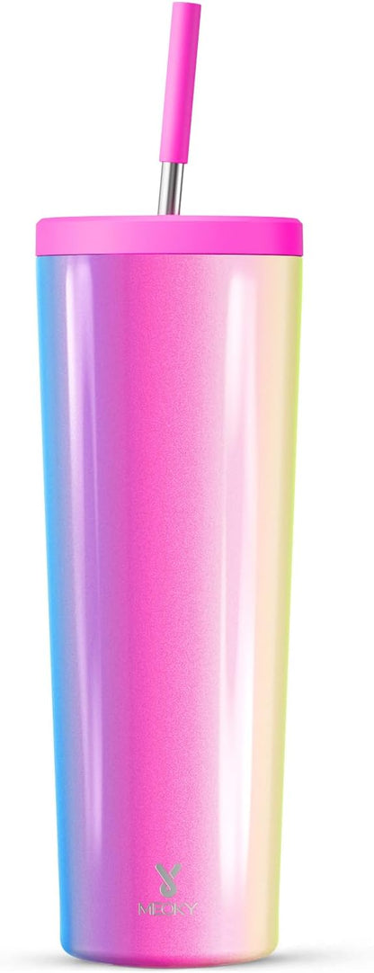 24 oz Insulated Tumbler with Lid and Straw, Stainless Steel Vacuum Insulated Tumbler, Keeps Cold for 24 Hours, 100% Leak Proof, Fits in Car Cup Holder (Swirl)