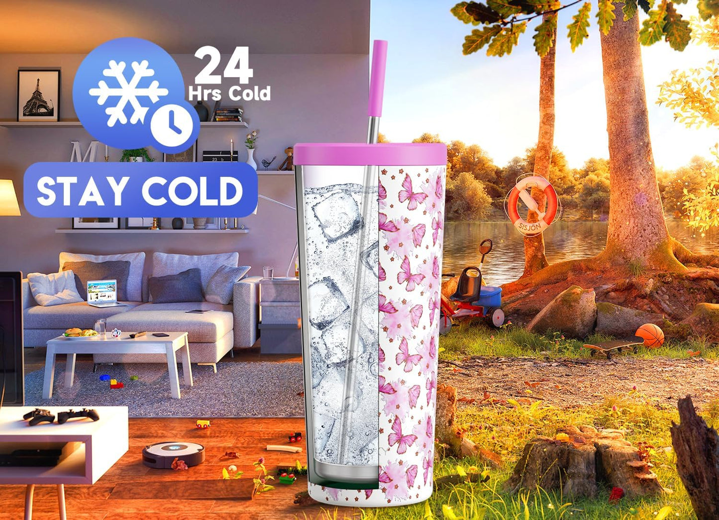 24 oz Insulated Tumbler with Lid and Straw, Stainless Steel Vacuum Insulated Tumbler, Keeps Cold for 24 Hours, 100% Leak Proof, Fits in Car Cup Holder (Swirl)
