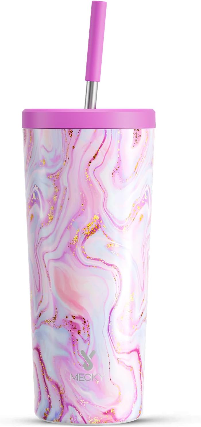 24 oz Insulated Tumbler with Lid and Straw, Stainless Steel Vacuum Insulated Tumbler, Keeps Cold for 24 Hours, 100% Leak Proof, Fits in Car Cup Holder (Swirl)