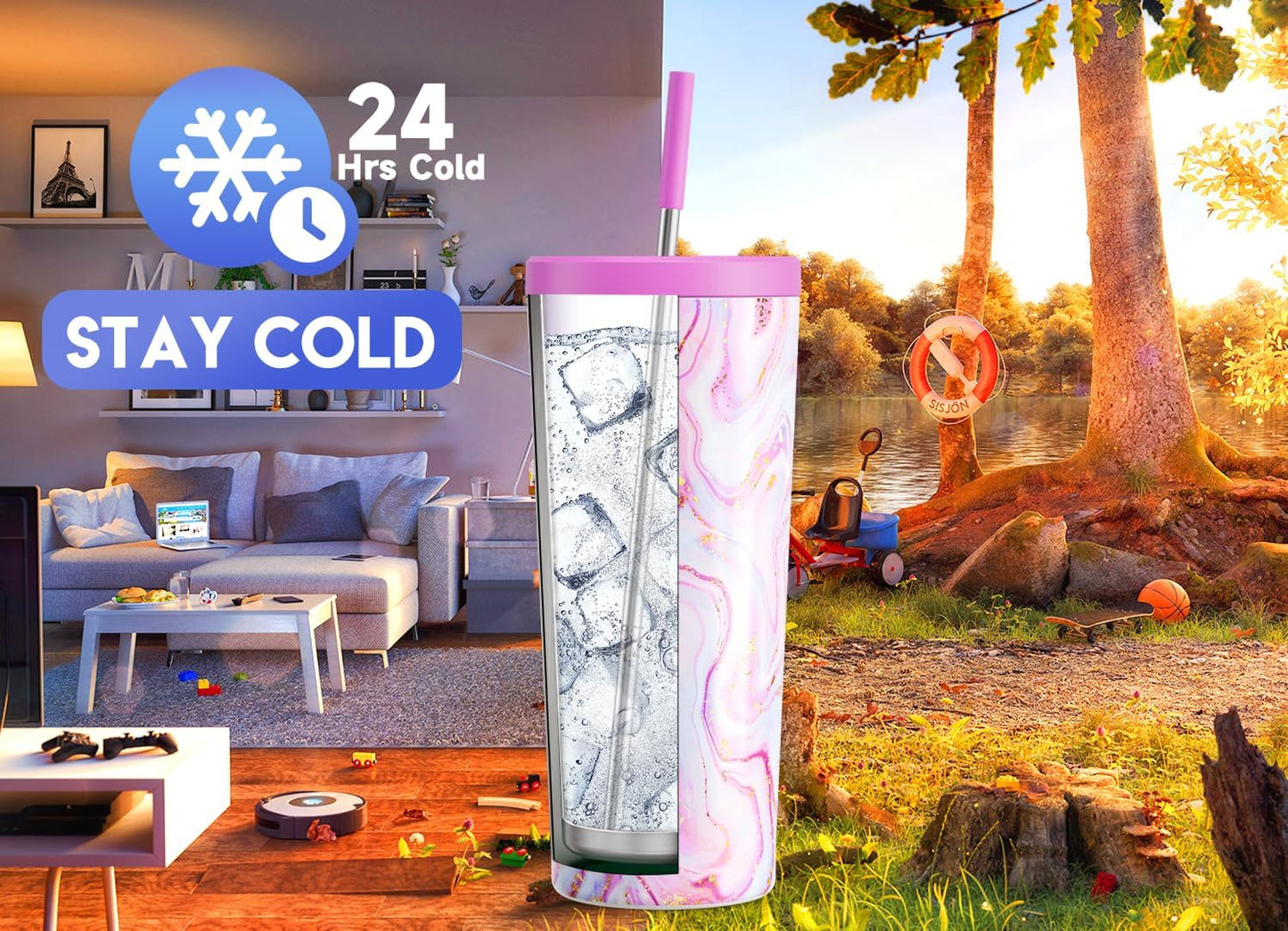 24 oz Insulated Tumbler with Lid and Straw, Stainless Steel Vacuum Insulated Tumbler, Keeps Cold for 24 Hours, 100% Leak Proof, Fits in Car Cup Holder (Swirl)