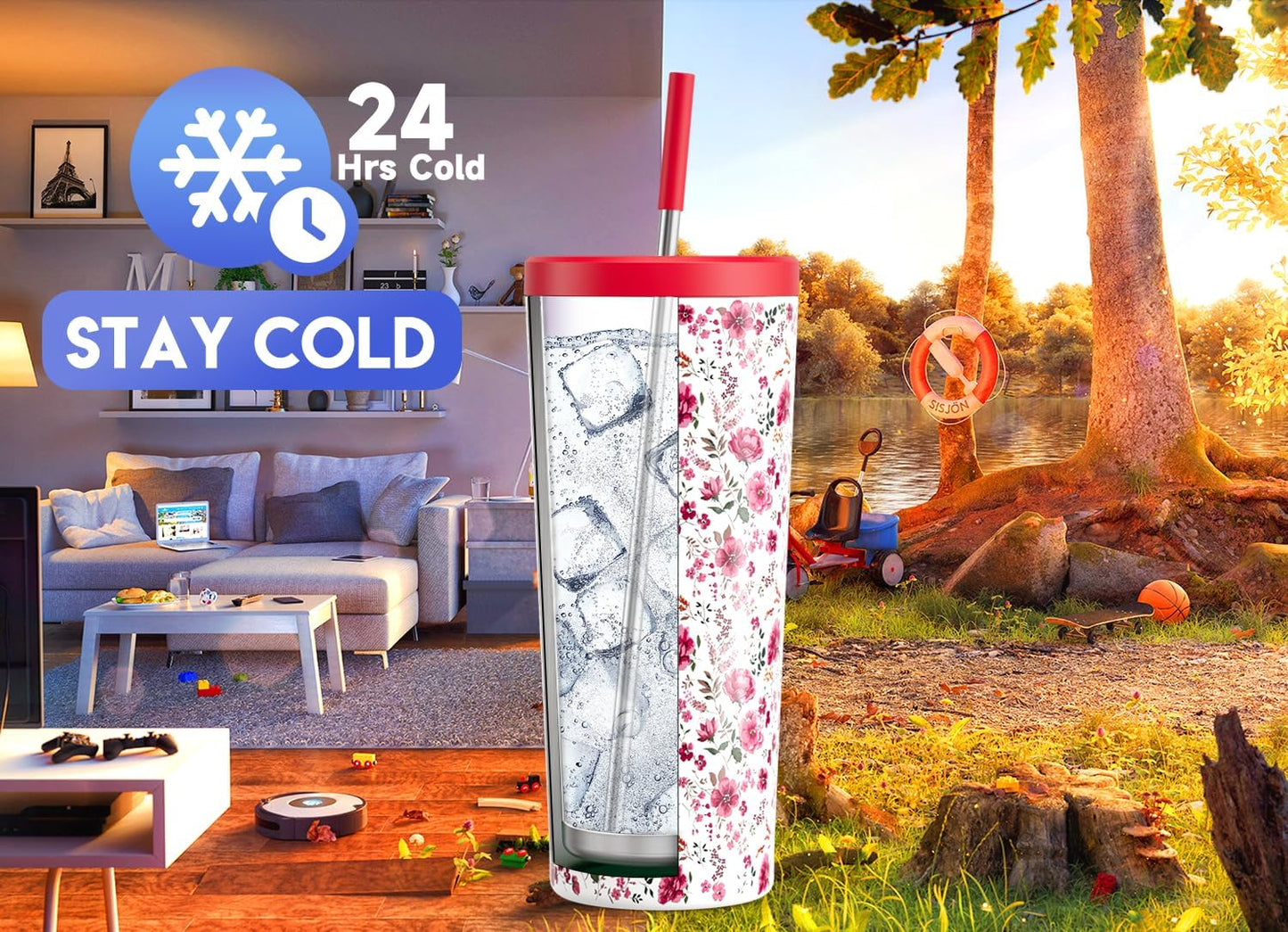 24 oz Insulated Tumbler with Lid and Straw, Stainless Steel Vacuum Insulated Tumbler, Keeps Cold for 24 Hours, 100% Leak Proof, Fits in Car Cup Holder (Swirl)