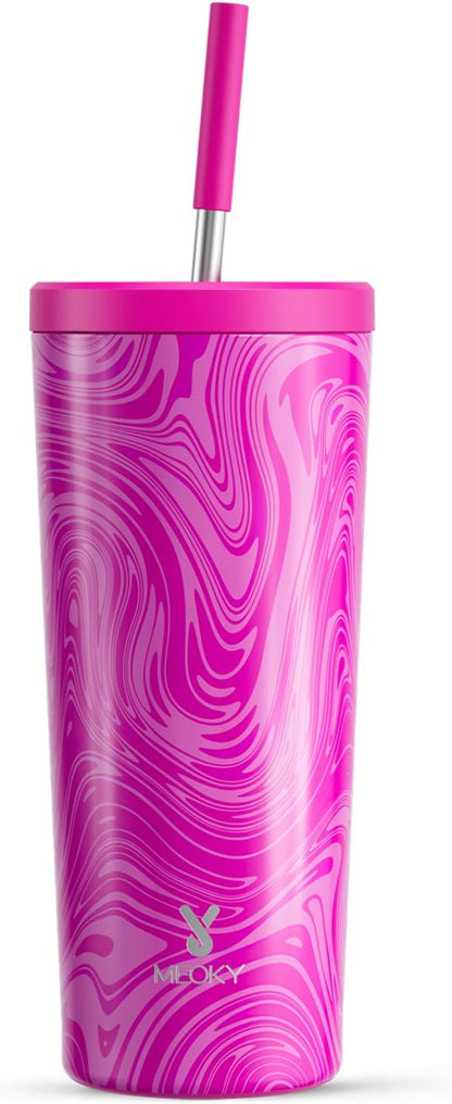 24 oz Insulated Tumbler with Lid and Straw, Stainless Steel Vacuum Insulated Tumbler, Keeps Cold for 24 Hours, 100% Leak Proof, Fits in Car Cup Holder (Swirl)