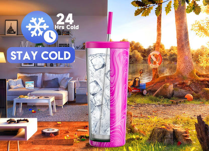24 oz Insulated Tumbler with Lid and Straw, Stainless Steel Vacuum Insulated Tumbler, Keeps Cold for 24 Hours, 100% Leak Proof, Fits in Car Cup Holder (Swirl)
