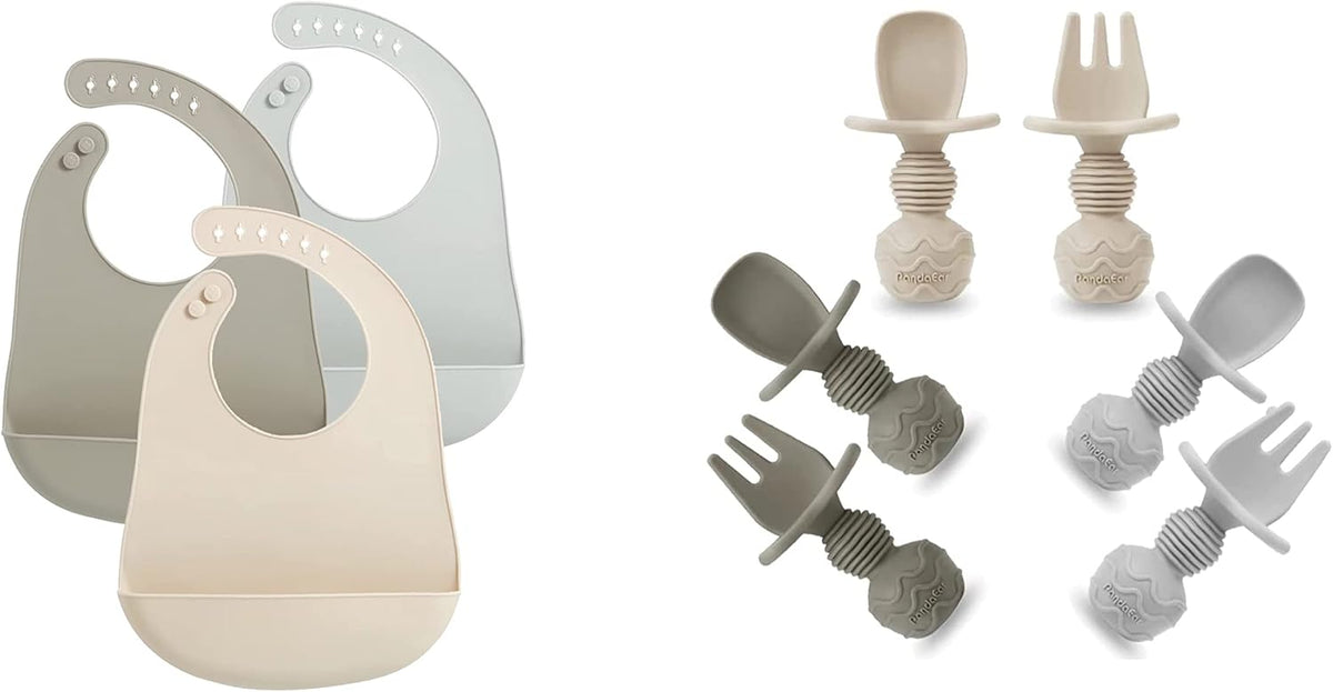 3 Pack Waterproof Silicone Baby Bibs & 6 Pack Silicone Baby Spoons and Fork Feeding Set