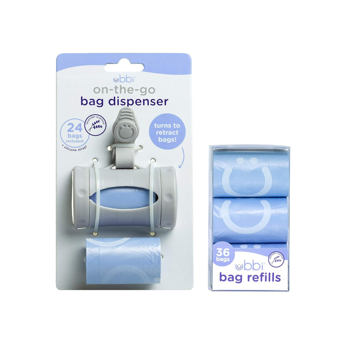 On-the-Go Gray Bag Dispenser and Waste Disposal Bags Refill, Lavender Scented & On-The-Go Baby Wipes Dispenser, Portable Wipes Container for Travel, Diaper Bag Accessory