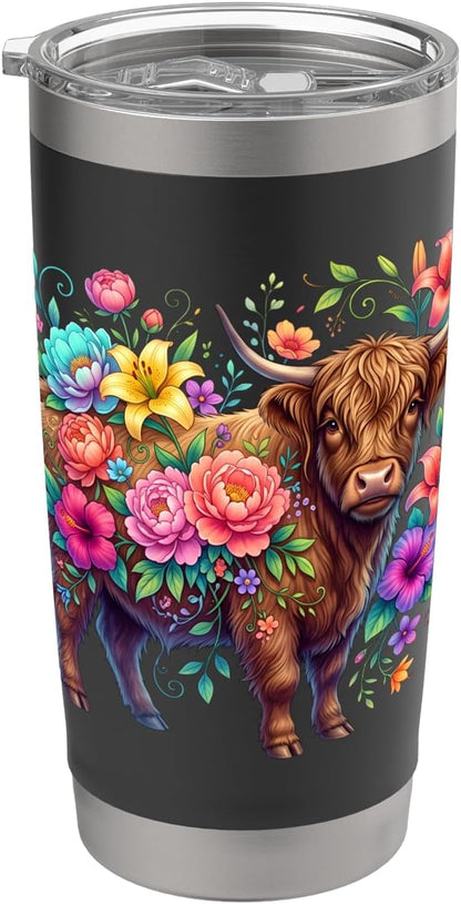 Colorful Highland Cow Floral Botanical Stainless Steel Insulated Tumbler