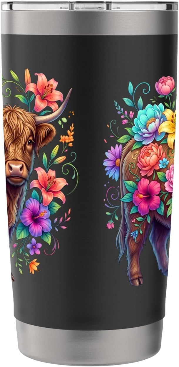 Colorful Highland Cow Floral Botanical Stainless Steel Insulated Tumbler