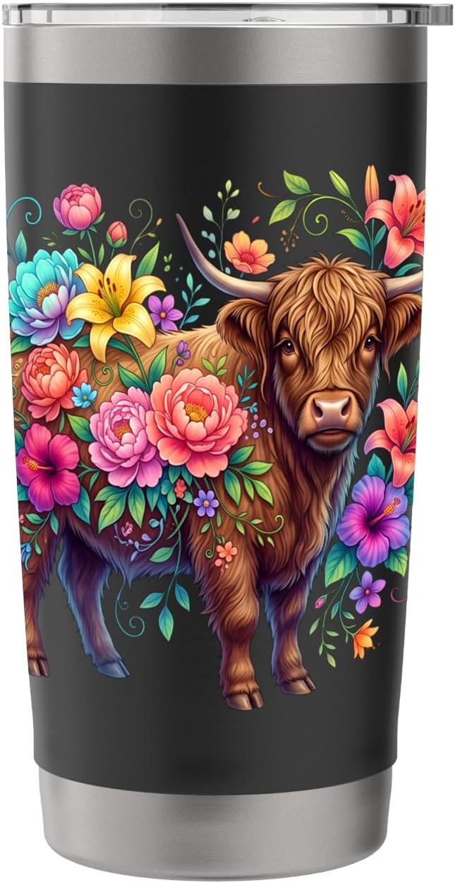 Colorful Highland Cow Floral Botanical Stainless Steel Insulated Tumbler