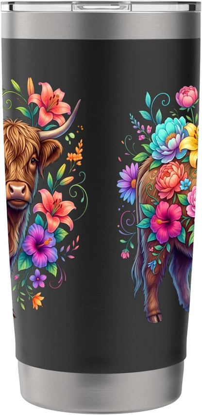 Colorful Highland Cow Floral Botanical Stainless Steel Insulated Tumbler