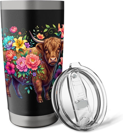 Colorful Highland Cow Floral Botanical Stainless Steel Insulated Tumbler