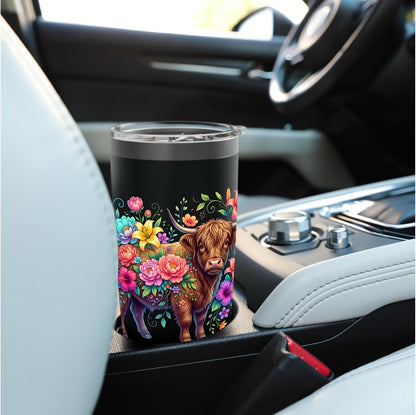 Colorful Highland Cow Floral Botanical Stainless Steel Insulated Tumbler