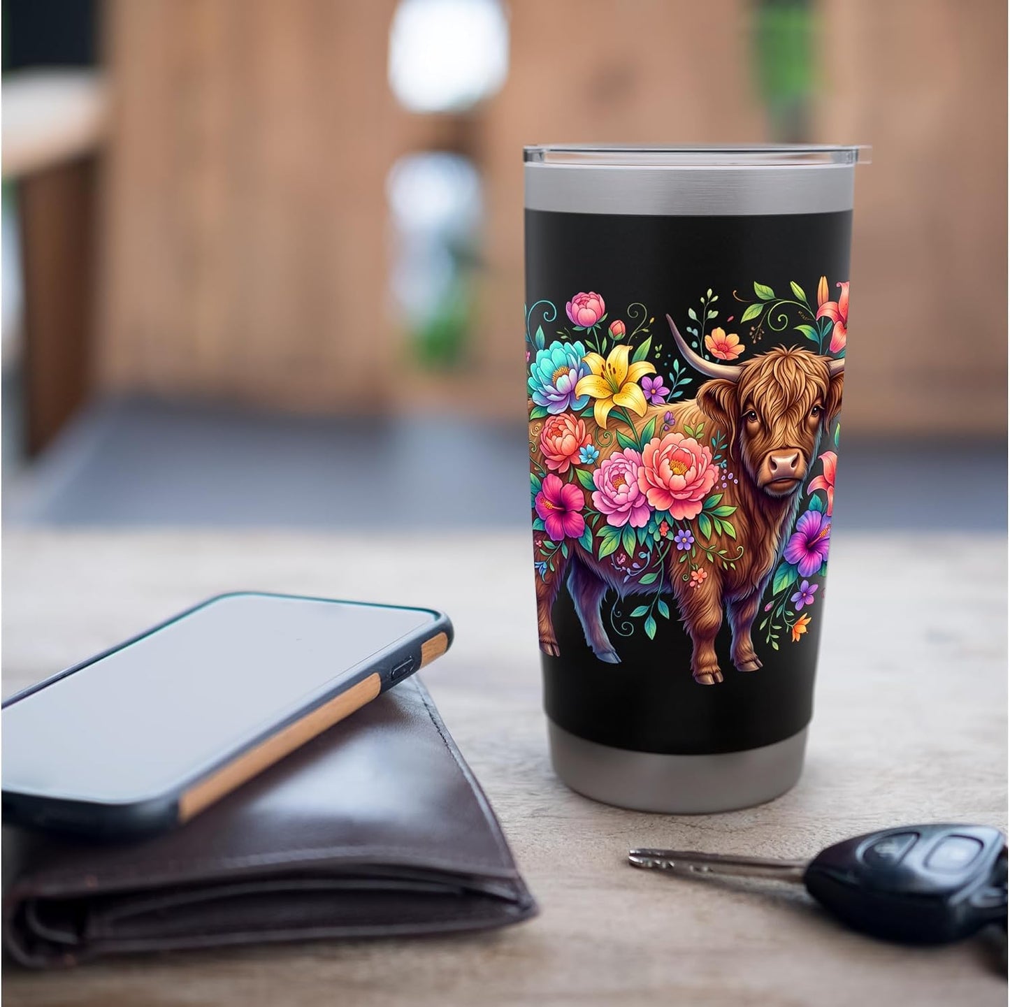 Colorful Highland Cow Floral Botanical Stainless Steel Insulated Tumbler