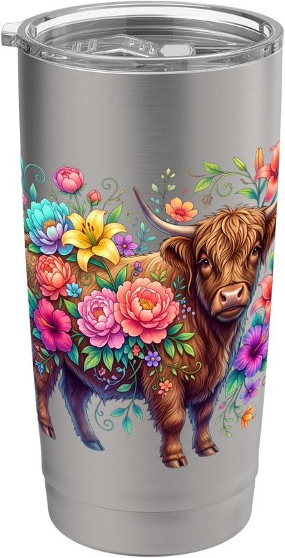 Colorful Highland Cow Floral Botanical Stainless Steel Insulated Tumbler