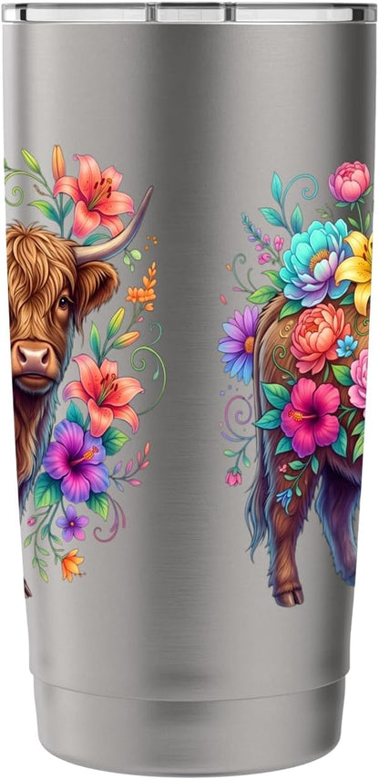 Colorful Highland Cow Floral Botanical Stainless Steel Insulated Tumbler