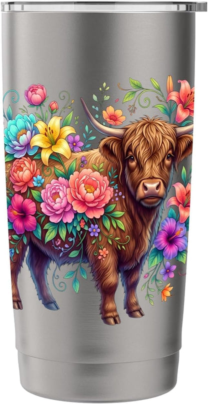 Colorful Highland Cow Floral Botanical Stainless Steel Insulated Tumbler
