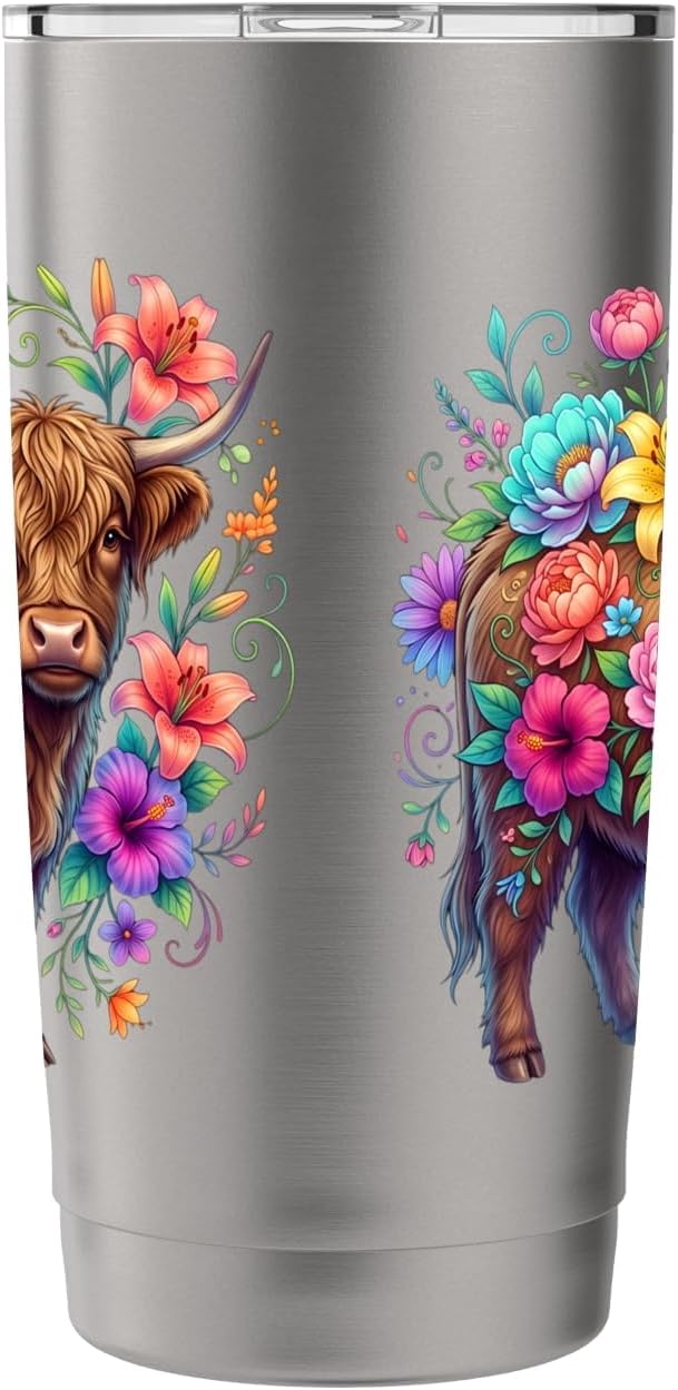 Colorful Highland Cow Floral Botanical Stainless Steel Insulated Tumbler