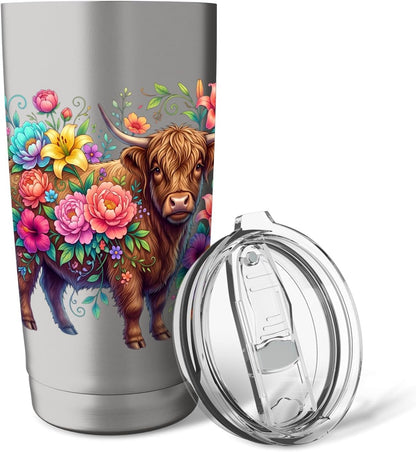 Colorful Highland Cow Floral Botanical Stainless Steel Insulated Tumbler