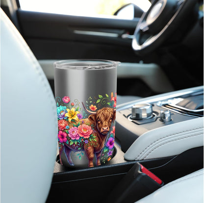 Colorful Highland Cow Floral Botanical Stainless Steel Insulated Tumbler