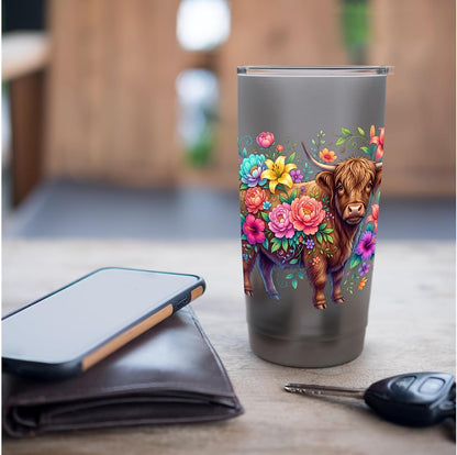Colorful Highland Cow Floral Botanical Stainless Steel Insulated Tumbler