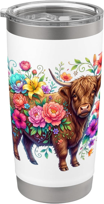 Colorful Highland Cow Floral Botanical Stainless Steel Insulated Tumbler