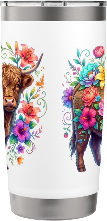 Colorful Highland Cow Floral Botanical Stainless Steel Insulated Tumbler