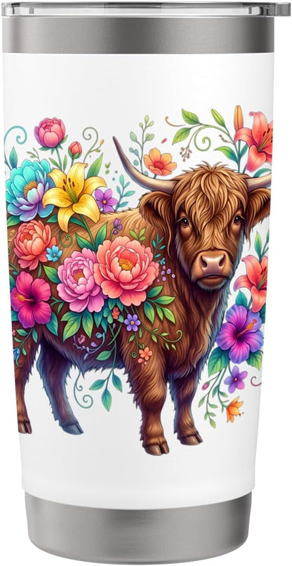 Colorful Highland Cow Floral Botanical Stainless Steel Insulated Tumbler