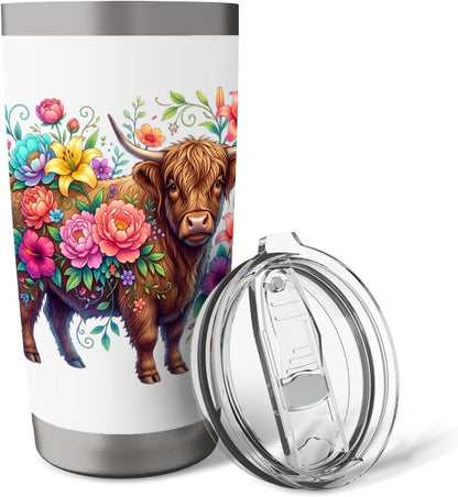 Colorful Highland Cow Floral Botanical Stainless Steel Insulated Tumbler