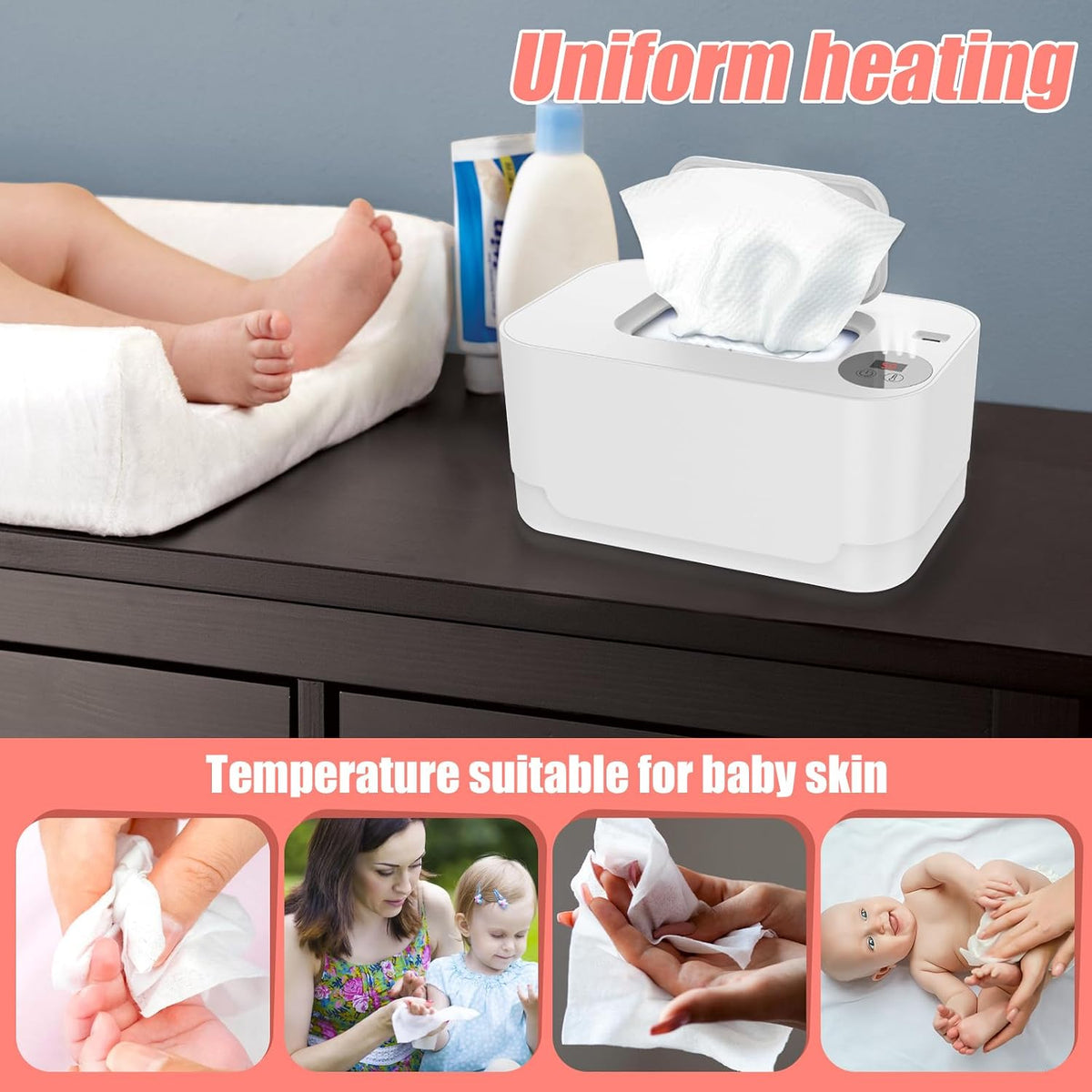 Baby Wipe Warmer with LED Light 40-55°C Adjustable Baby Wipe Warmer Dispenser Portable Wipe Heater Warmer USB Powered Wet Wipes Warmer Diaper Wipe Warmer Keeps Wipes Warm and Moist for Baby N