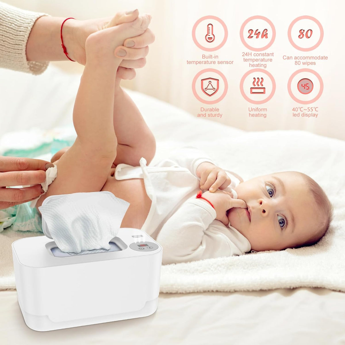 Baby Wipe Warmer with LED Light 40-55°C Adjustable Baby Wipe Warmer Dispenser Portable Wipe Heater Warmer USB Powered Wet Wipes Warmer Diaper Wipe Warmer Keeps Wipes Warm and Moist for Baby N