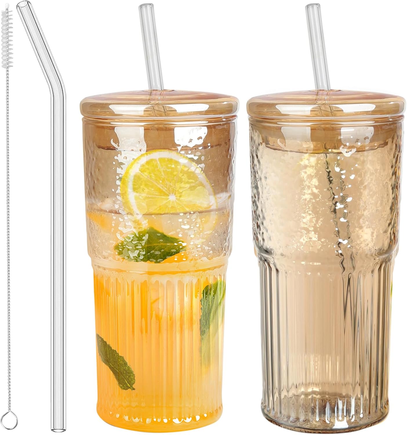 Glass Tumbler, 24 oz Ice Coffee Cups with Bamboo Lid and Handle | Stainless steel straws and cleaning brushes, boho pattern design for iced coffee, smoothies, tea and daily drinks