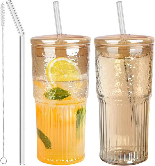 Glass Tumbler, 24 oz Ice Coffee Cups with Bamboo Lid and Handle | Stainless steel straws and cleaning brushes, boho pattern design for iced coffee, smoothies, tea and daily drinks