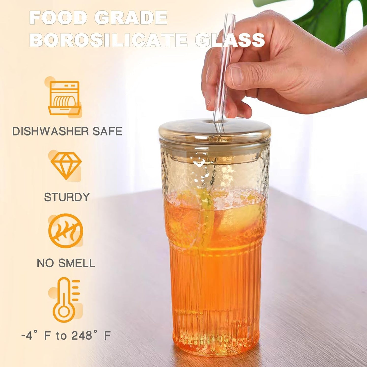 Glass Tumbler, 24 oz Ice Coffee Cups with Bamboo Lid and Handle | Stainless steel straws and cleaning brushes, boho pattern design for iced coffee, smoothies, tea and daily drinks