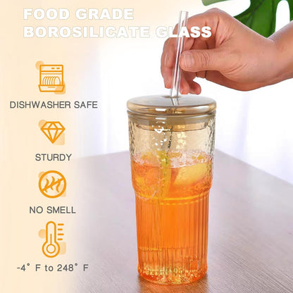 Glass Tumbler, 24 oz Ice Coffee Cups with Bamboo Lid and Handle | Stainless steel straws and cleaning brushes, boho pattern design for iced coffee, smoothies, tea and daily drinks