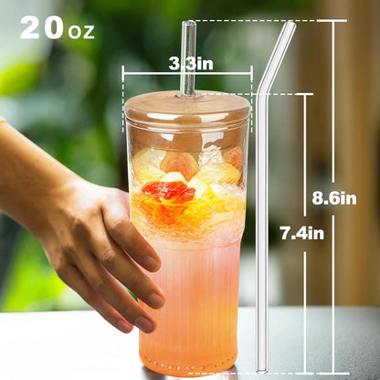 Glass Tumbler, 24 oz Ice Coffee Cups with Bamboo Lid and Handle | Stainless steel straws and cleaning brushes, boho pattern design for iced coffee, smoothies, tea and daily drinks