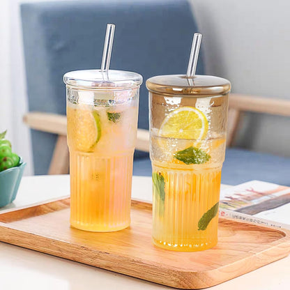 Glass Tumbler, 24 oz Ice Coffee Cups with Bamboo Lid and Handle | Stainless steel straws and cleaning brushes, boho pattern design for iced coffee, smoothies, tea and daily drinks