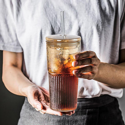 Glass Tumbler, 24 oz Ice Coffee Cups with Bamboo Lid and Handle | Stainless steel straws and cleaning brushes, boho pattern design for iced coffee, smoothies, tea and daily drinks