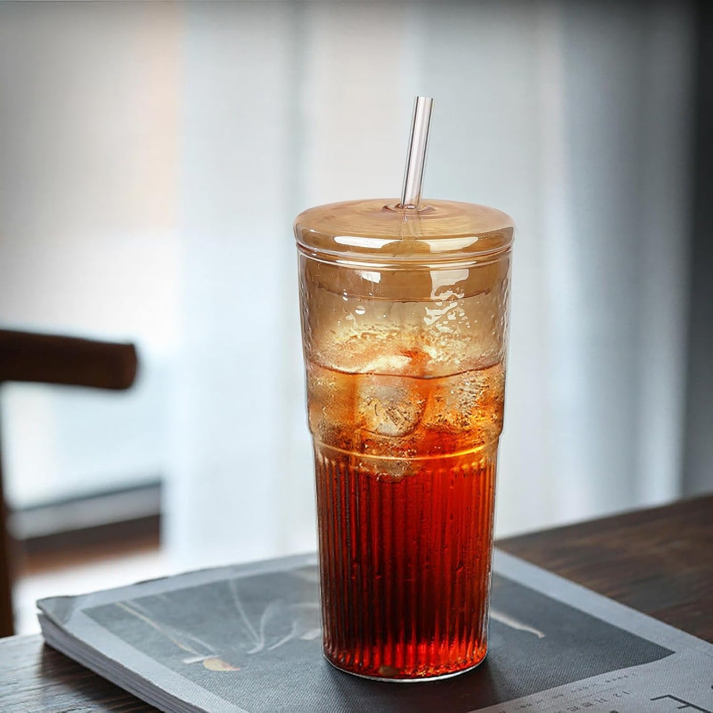 Glass Tumbler, 24 oz Ice Coffee Cups with Bamboo Lid and Handle | Stainless steel straws and cleaning brushes, boho pattern design for iced coffee, smoothies, tea and daily drinks