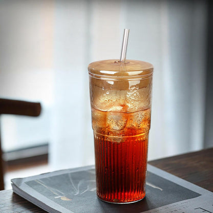 Glass Tumbler, 24 oz Ice Coffee Cups with Bamboo Lid and Handle | Stainless steel straws and cleaning brushes, boho pattern design for iced coffee, smoothies, tea and daily drinks