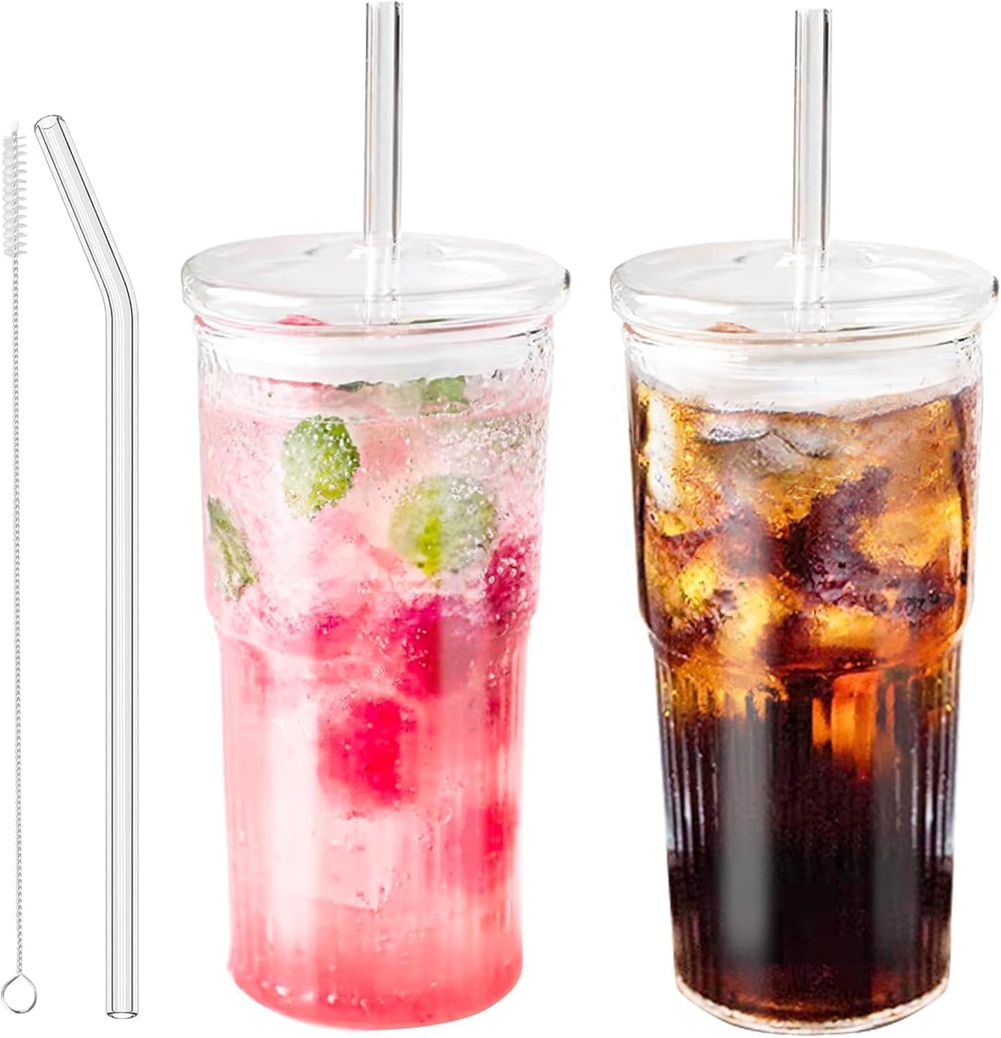Glass Tumbler, 24 oz Ice Coffee Cups with Bamboo Lid and Handle | Stainless steel straws and cleaning brushes, boho pattern design for iced coffee, smoothies, tea and daily drinks