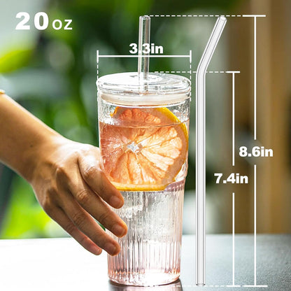 Glass Tumbler, 24 oz Ice Coffee Cups with Bamboo Lid and Handle | Stainless steel straws and cleaning brushes, boho pattern design for iced coffee, smoothies, tea and daily drinks