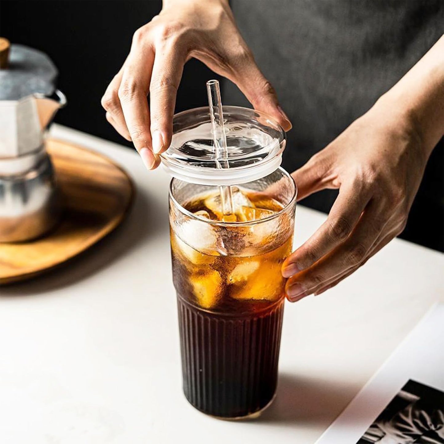 Glass Tumbler, 24 oz Ice Coffee Cups with Bamboo Lid and Handle | Stainless steel straws and cleaning brushes, boho pattern design for iced coffee, smoothies, tea and daily drinks