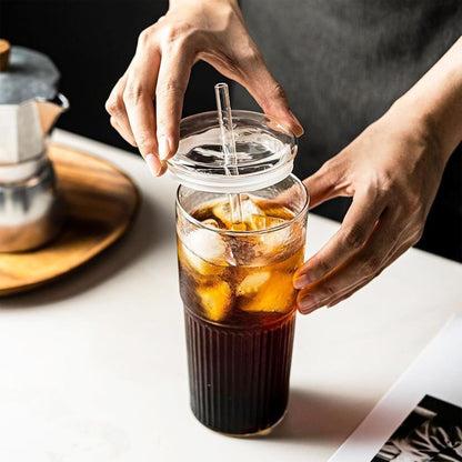 Glass Tumbler, 24 oz Ice Coffee Cups with Bamboo Lid and Handle | Stainless steel straws and cleaning brushes, boho pattern design for iced coffee, smoothies, tea and daily drinks