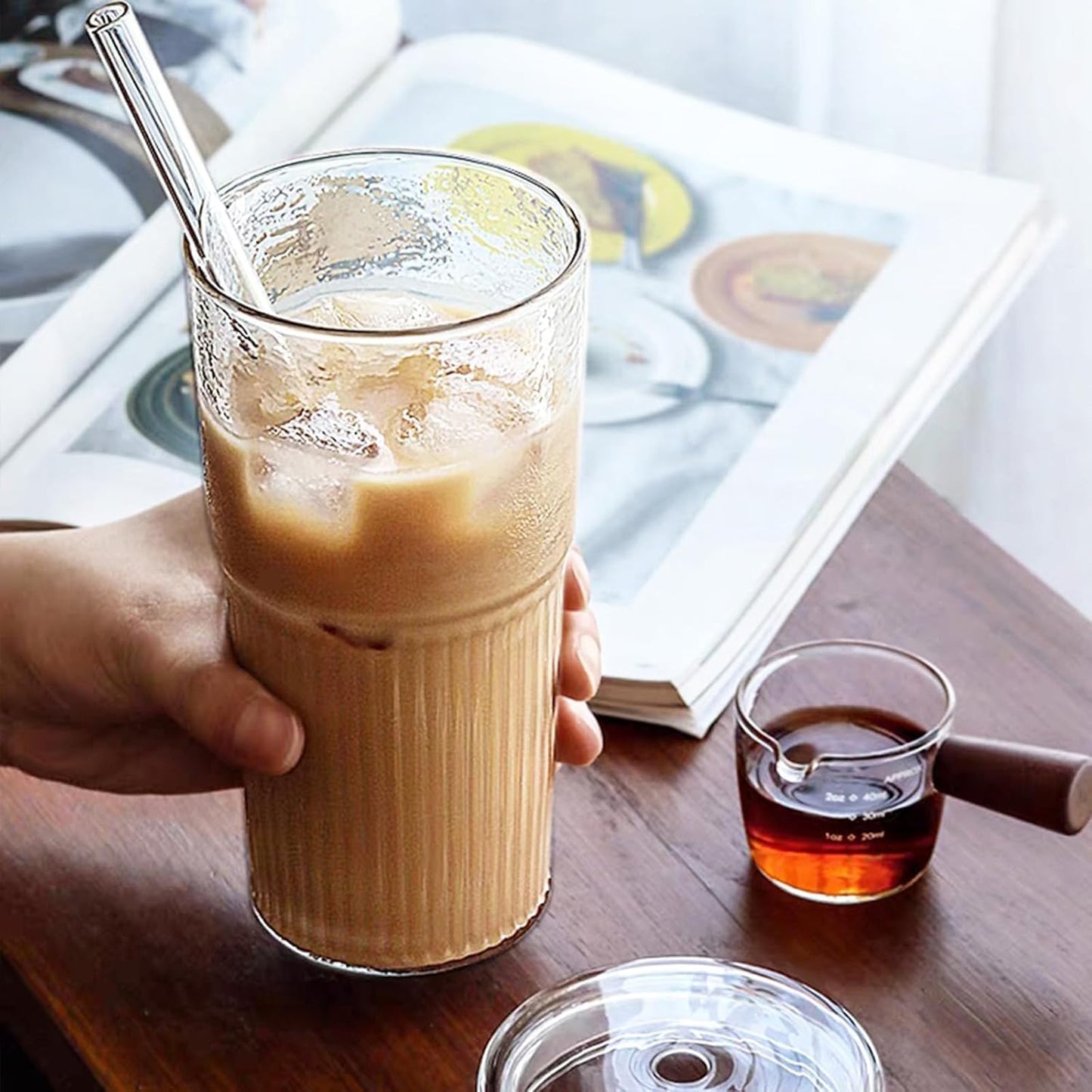 Glass Tumbler, 24 oz Ice Coffee Cups with Bamboo Lid and Handle | Stainless steel straws and cleaning brushes, boho pattern design for iced coffee, smoothies, tea and daily drinks