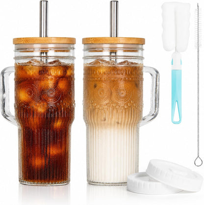 Glass Tumbler, 24 oz Ice Coffee Cups with Bamboo Lid and Handle | Stainless steel straws and cleaning brushes, boho pattern design for iced coffee, smoothies, tea and daily drinks